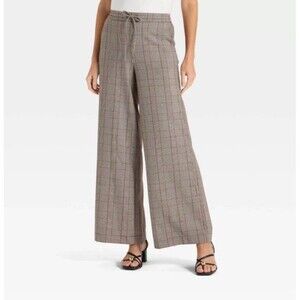 Women's Wide Leg Pull-On Plaid Pants - A New Day Size Medium